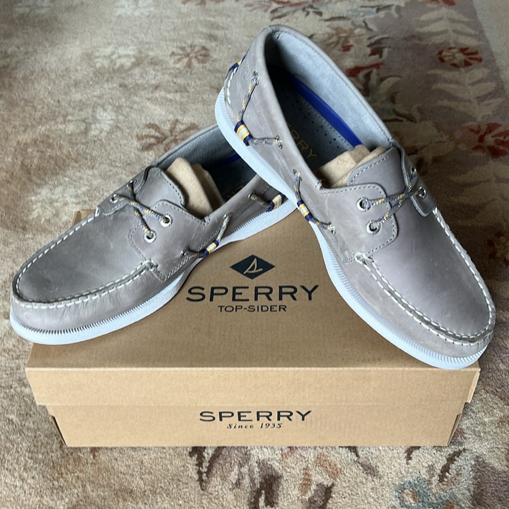 Sperry Gray Leather Boat Shoes with White Soles